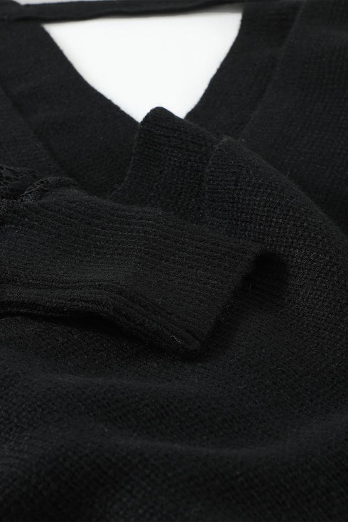 Sexy V Neck Surplice Hollow-Out Sweater With Lace Sleeves